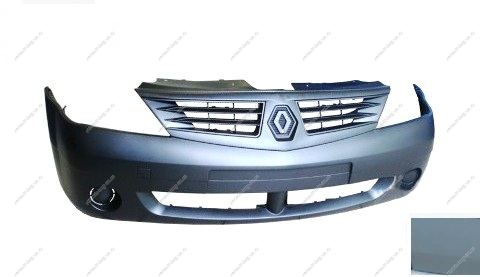 Бампер передний без птф RENAULT Logan/Рено Логан крашеный F98 Vert opaline Серебристый фаза 1 ПОЛОСА Кампласт