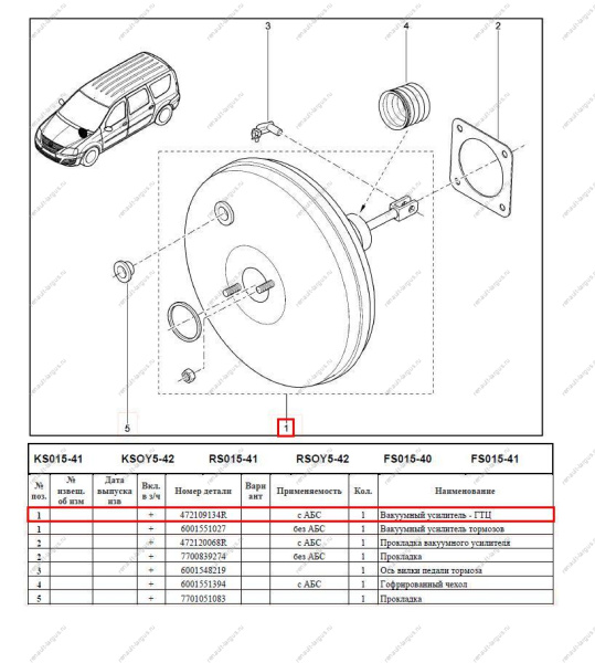 Усилитель вакуумный LADA Largus в сборе (без гтц) Renault