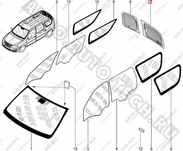 Стекло двери задка LADA Largus/Лада Ларгус левое бесцветн. с э/о КМК