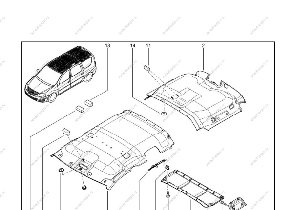 Обивка потолка LADA Largus передняя часть (универсал) (без полки крыши, мультимедиа, эра-глонасс) Lada